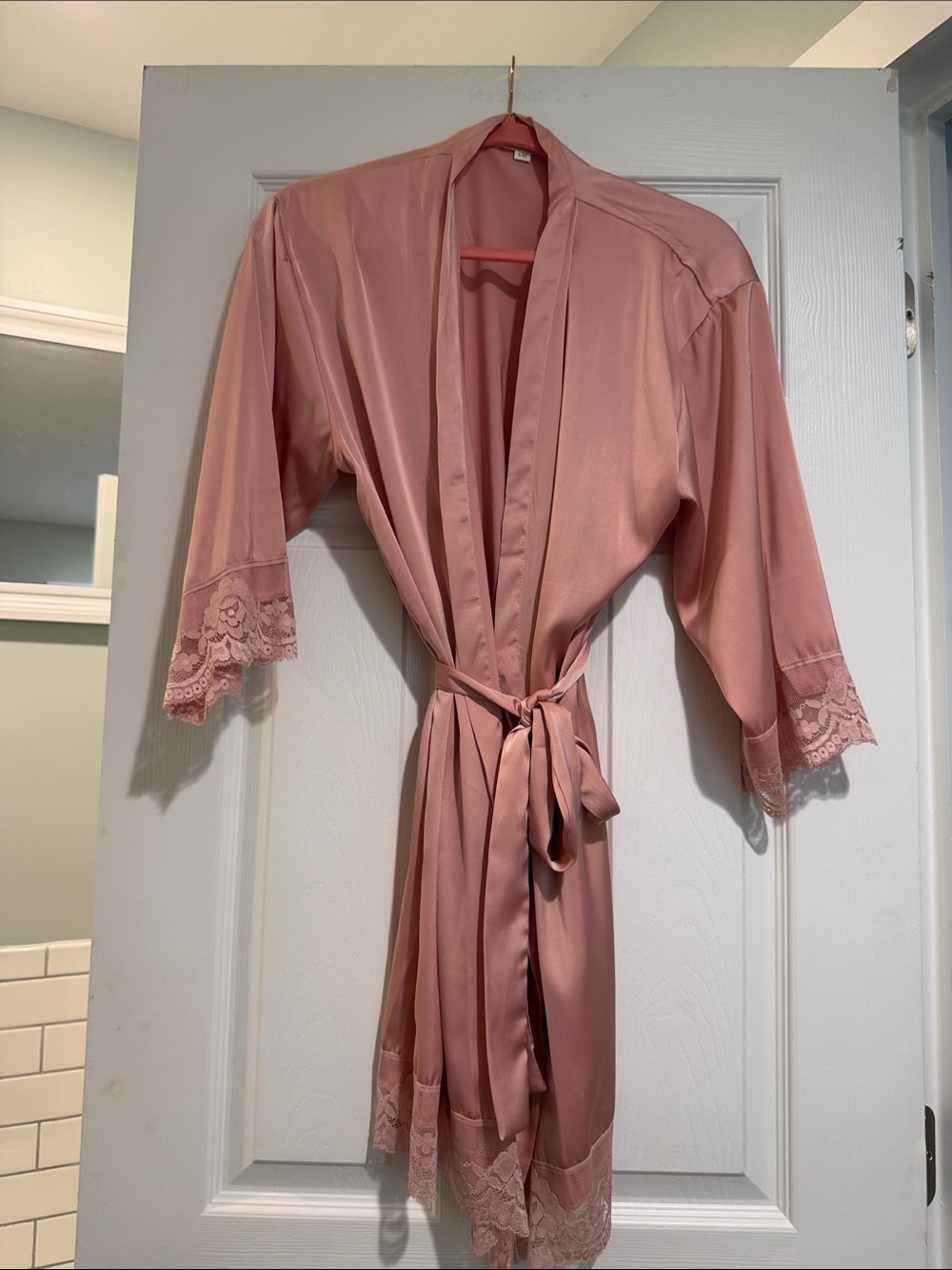 Satin Lace-Trim Robe in Dusty Rose